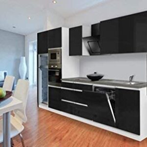 Respekta Premium sans Poignées Salle à Manger Cuisine Bloc de 395 cm, Blanc/Noir, Ultra-brillantes Incl. Fermeture Silencieuse, Plaque à Induction & Refroidissement - Combinaison Congelé 144 CM