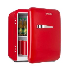 KLARSTEIN Audrey Mini réfrigérateur rétro - Mini Réfrigérateur, Réfrigérateur à Boissons, Classe d'efficacité énergétique A+, Capacité 48L, 2 Niveaux, 0-10 °C, Compartiment Bouteilles, Rouge [Classe énergétique A+]