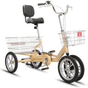 Vélo Adulte Tricycle Adulte 3 Vélos De Roues Tricycle Adulte 12 / 14inch Vélo Pour Adultes Avec Panier D'achat Et Panier De Dossier De Sièges, Pour Les Personnes âgées, Femmes(Size:14Inch,Color:Beige)