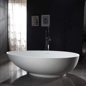 Baignoire îlot Design en pierre solide VIGO - blanc mat - Robinet mitigeur sur pied:Sans robinet mitigeur, Siphon pour baignoire îlot:Avec siphon, Dimension:150 x 75 cm