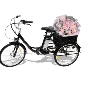 Vélo électrique à 3 roues pour adulte - Vélo de ville électrique de 61 cm - Batterie au lithium amovible de 12 Ah et moteur de 350 W avec siège de vélo Cruiser réglable et panier de courses (noir)