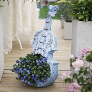 DIELUNY Pot de Fleurs pour Violon à énergie Solaire, Pot de Fleurs en Forme d'instrument de Musique, Grande décoration de Sculpture de Jardinage extérieur de Cour (sans Fleur) (Couleur: Bleu)