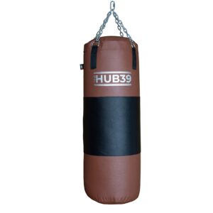Hub39 Sac de frappe avec bande en cuir pleine 50 kg – Sac de frappe de 100 cm de long – Couleur marron vintage, bande noire