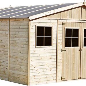 TIMBELA Abri de Jardin en Bois Naturel - Stockage extérieur avec fenêtres- H246 x 418 x 420 cm/ 16 m²- Hangar en Bois Naturel - Atelier Rangement Outils et vélos M330